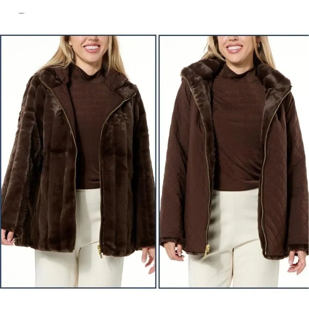 IMAN Faux Fur Coat brown Reversible Hooded Quilted Jacket Womens Sz XS NWOT